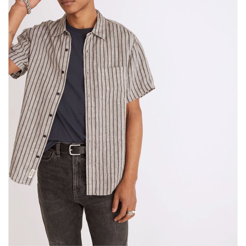 Madewell Linen Perfect Short Sleeve Shirt Mens L Gray Beachy Coastal Travel